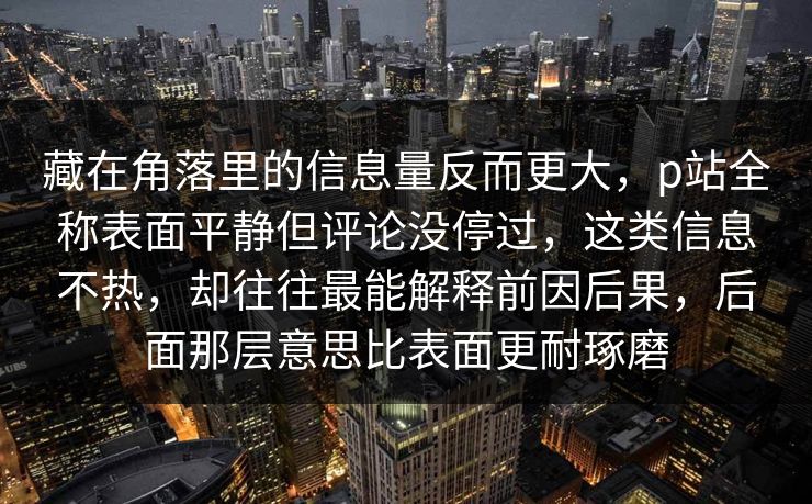 藏在角落里的信息量反而更大，p站全称表面平静但评论没停过，这类信息不热，却往往最能解释前因后果，后面那层意思比表面更耐琢磨